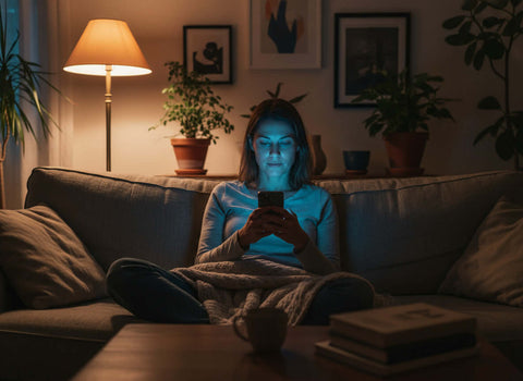 Vrouw op de bank kijkt naar haar smartphone en wordt blootgesteld aan blauw licht in een sfeervolle woonkamer.