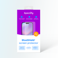 BlueShield™ blauw licht screen protector verpakking voor iPhone 14/13 Pro met duidelijke informatie en technologie kenmerken.