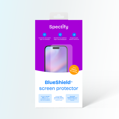 BlueShield™ blauw licht screen protector verpakking voor iPhone 14/13 Pro met duidelijke informatie en technologie kenmerken.